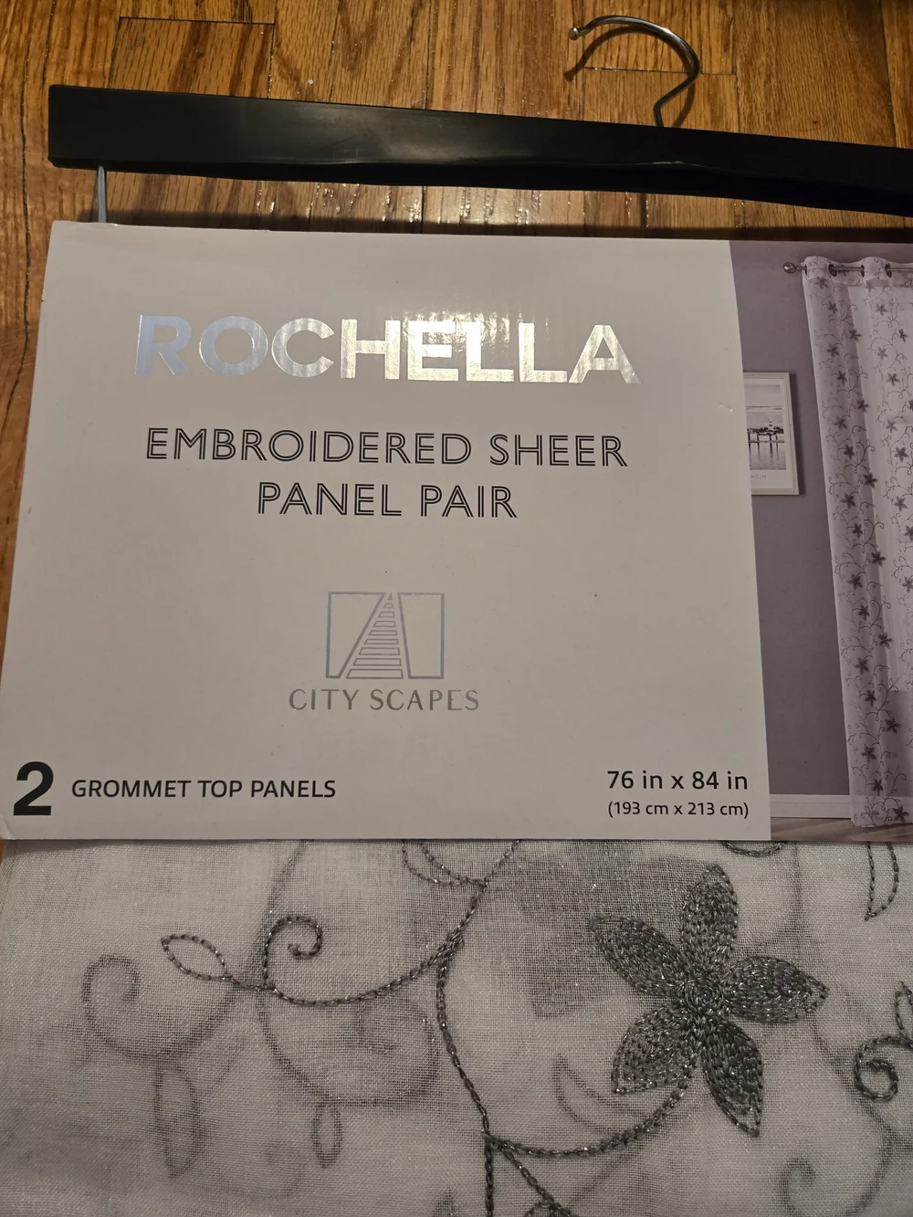 Rochelle White Sheer Curtain Panel with Silver Floral Embroidery